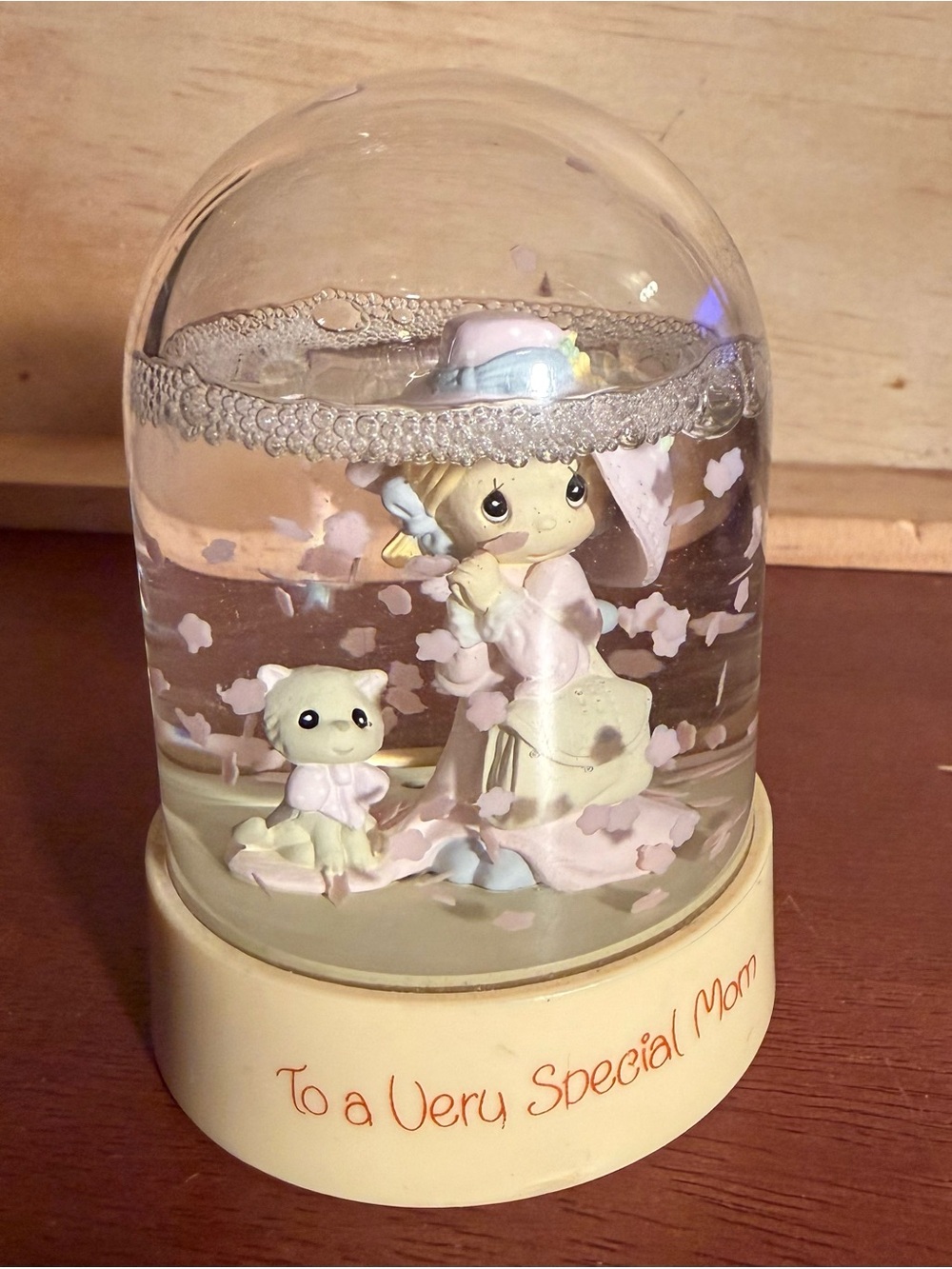 Precious Moments Cream and Pink Mother & Puppy Figurine Snow Globe